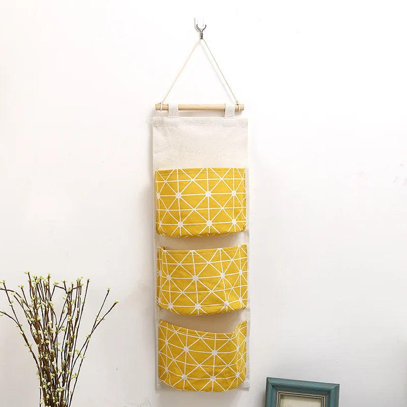 1PC Three Pockets Hanging Wall Storage Bag Household Bedroom Living Room Kitchen Cotton Linen Storage Bag