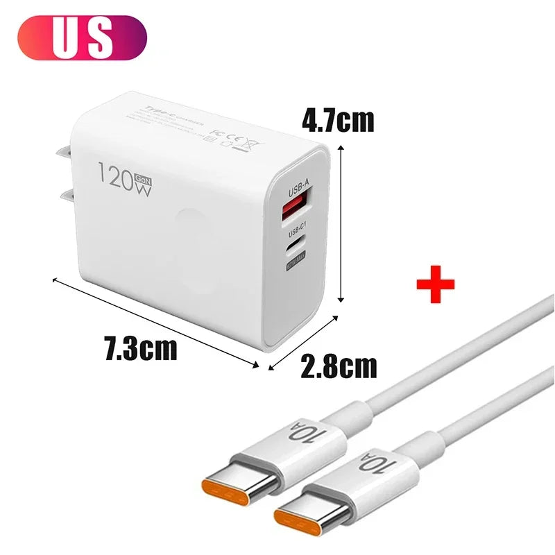 120W Fast Charger USB Type C PD Cable Fast Charging Quick Charge Adapter For iPhone 17 16 15 Pro Xiaomi Samsung Oneplus Huawei