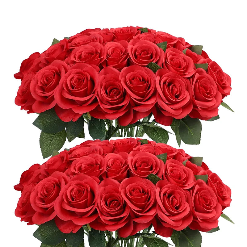 50 Pcs Velvet Rose Artificial Rose Flowers Real Touch Fake Roses Florals for Valentine's DIY Wedding Bouquet Party Home Decor