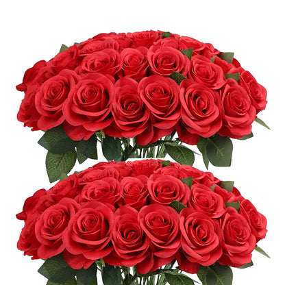 50 Pcs Velvet Rose Artificial Rose Flowers Real Touch Fake Roses Florals for Valentine's DIY Wedding Bouquet Party Home Decor