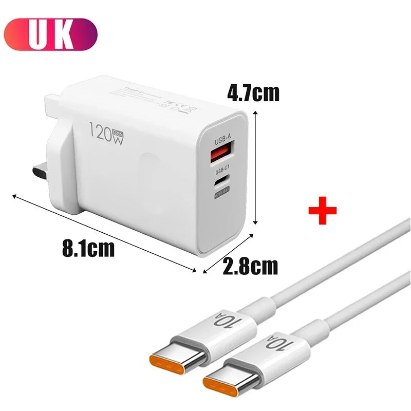 120W Fast Charger USB Type C PD Cable Fast Charging Quick Charge Adapter For iPhone 17 16 15 Pro Xiaomi Samsung Oneplus Huawei
