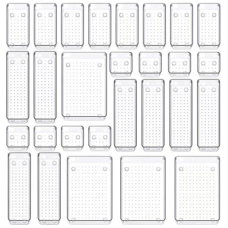 28 PCS Clear Drawer Organizers Set 4-Size Versatile Bathroom and Vanity Drawer Organizer Trays Storage Bins for Bedroom Kitchen