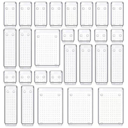 28 PCS Clear Drawer Organizers Set 4-Size Versatile Bathroom and Vanity Drawer Organizer Trays Storage Bins for Bedroom Kitchen