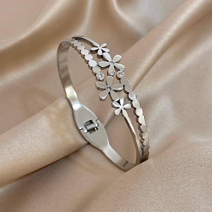 Greatera Stainless Steel Double Flower Cuff Bracelet – Gold Color Waterproof