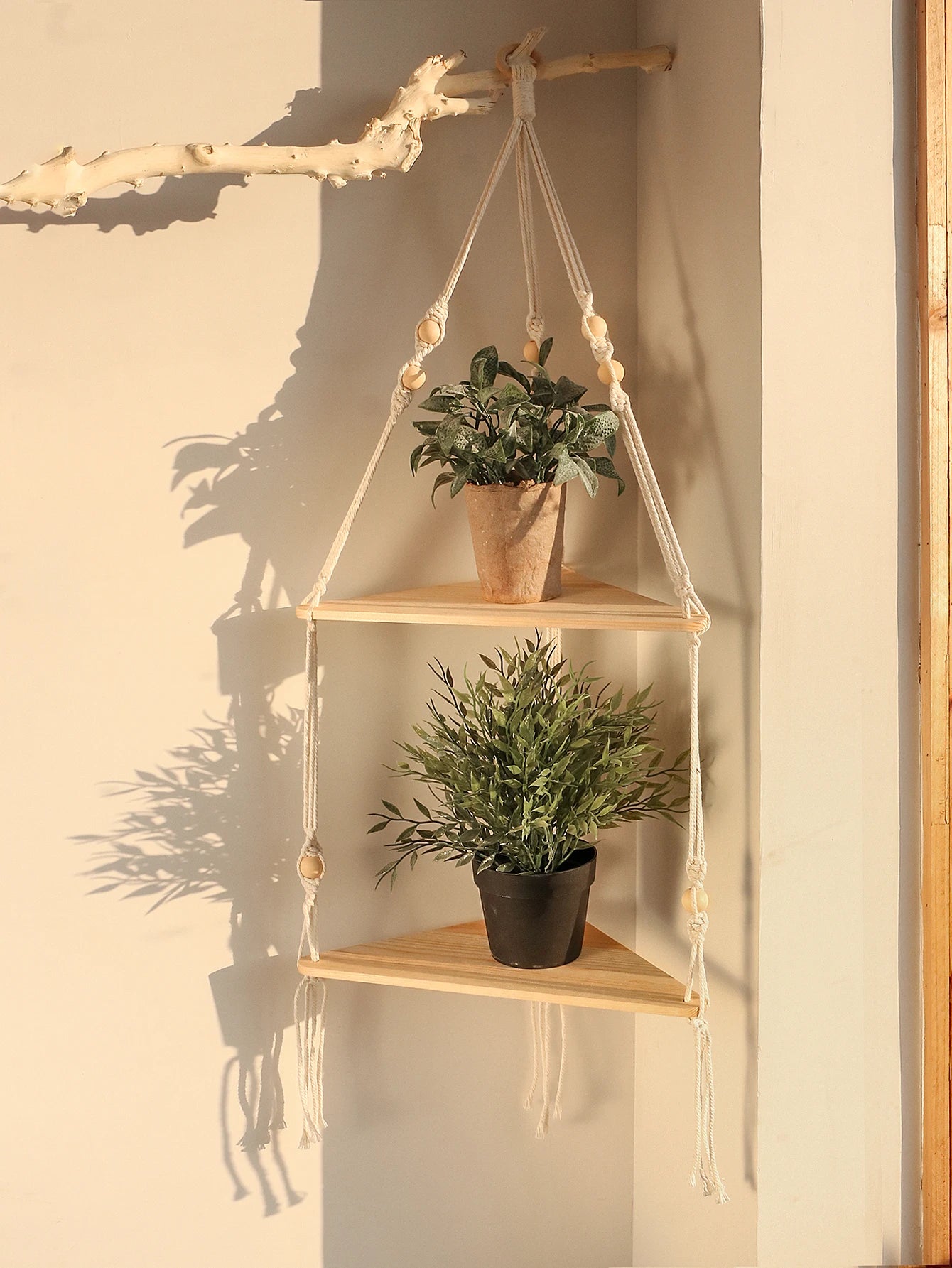 Wooden Floating Corner Shelf — Boho Wall Organizer
