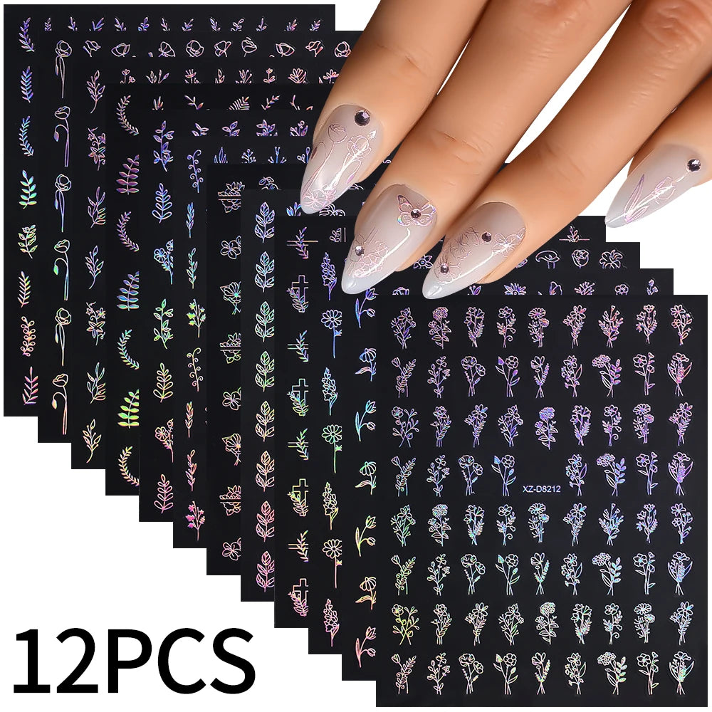 12pcs Metal Simple Leaf Nail Stickers 3D Gold Leaves Flower Bronzing Self-Adhesive Slider Nail Decals DIY Manicure Decoration