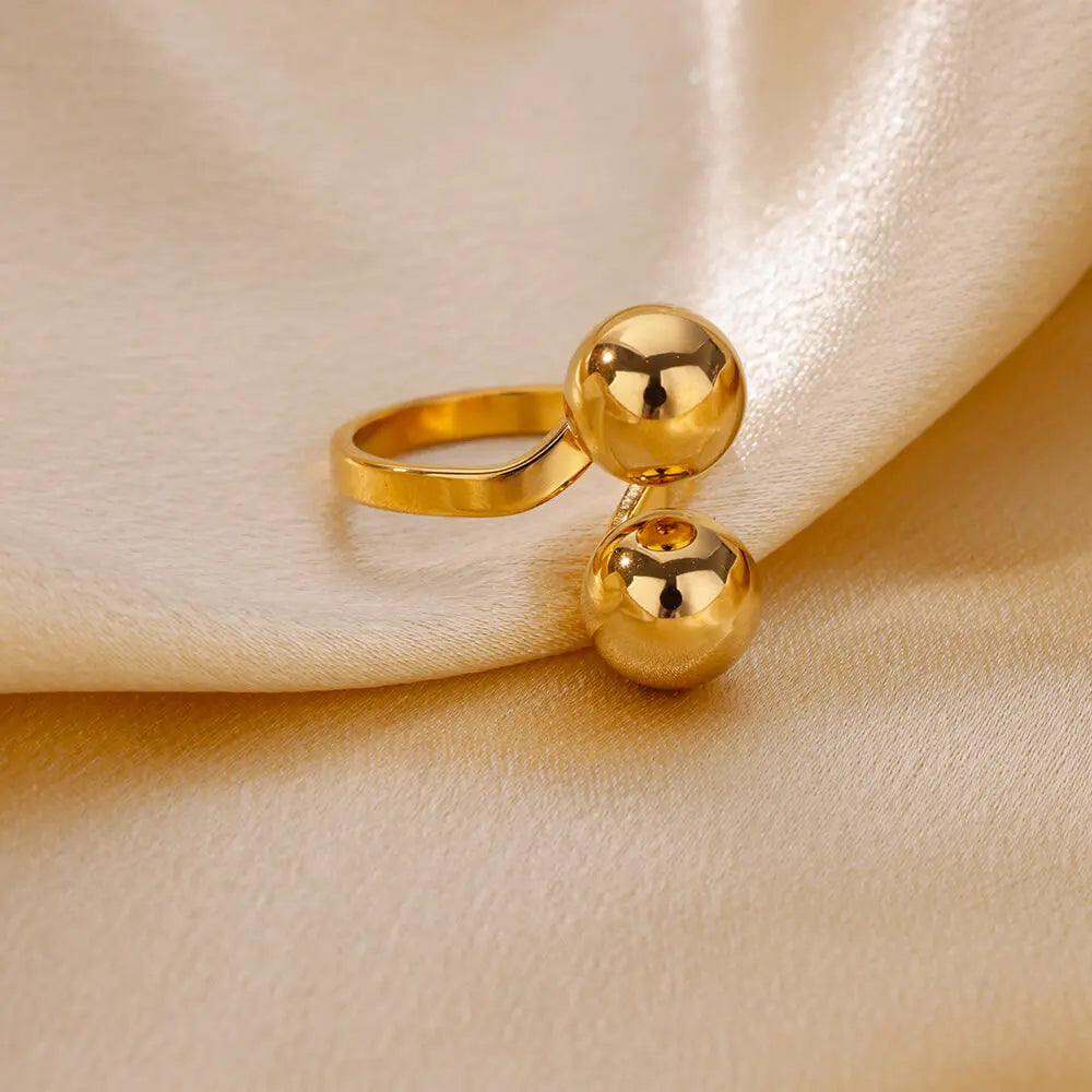 Exaggerated Stainless Steel Bead Ball Ring – Adjustable Gold Color Waterproof Ring for Women & Men