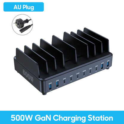 500W USB C Charger 10 Ports GaN Charging Station Stand PD 100W Fast Charge for MacBook Pro iPhone Samsung Laptops Tablets