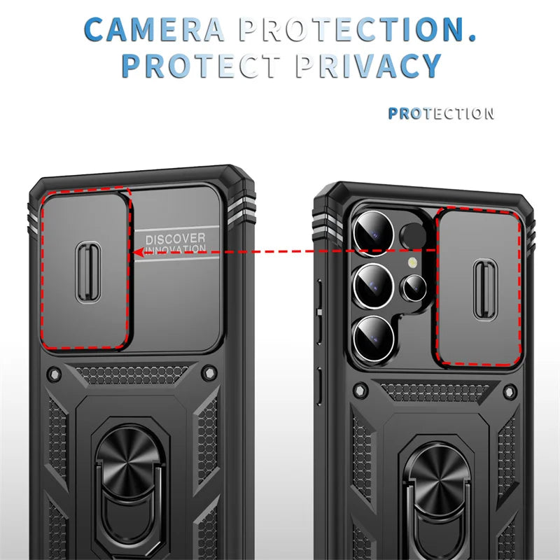Heavy Duty Armor Phone Case For Samsung Galaxy S25 S24 S23 S22 S21 Ultra S20 FE Plus Note 20 Ultra Lens Protect Ring Stand Cover