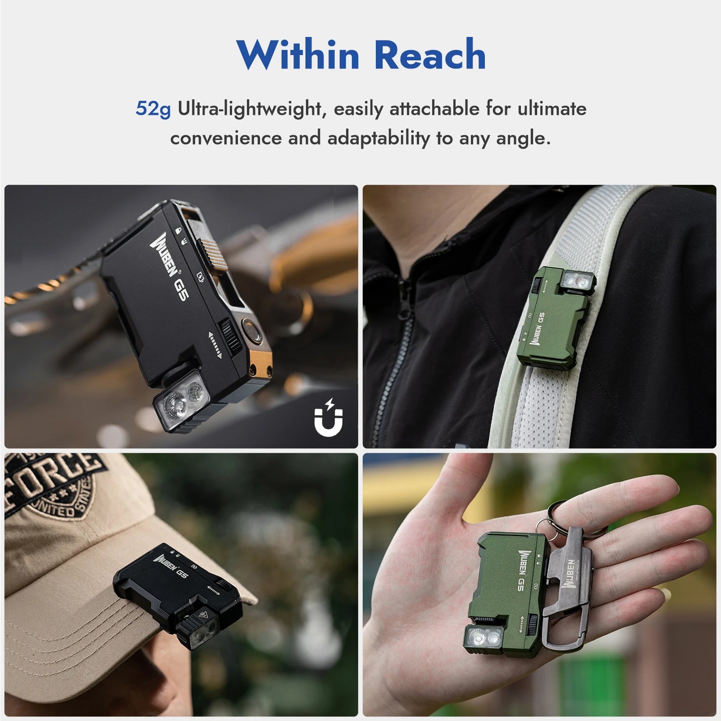 WUBEN Multi-Color Magnetic EDC G5 Flashlight 400 Lumen USB-C Rechargeable Keychain hands Free for Camping, Car Repair, Home Use