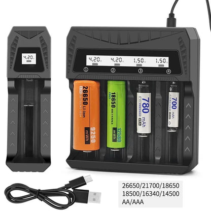 Intelligent LCD Battery Charger USB 4 Slots - Universal Smart Charger for 18650 26650 Li-ion & AA AAA Ni-MH Rechargeable Batteri