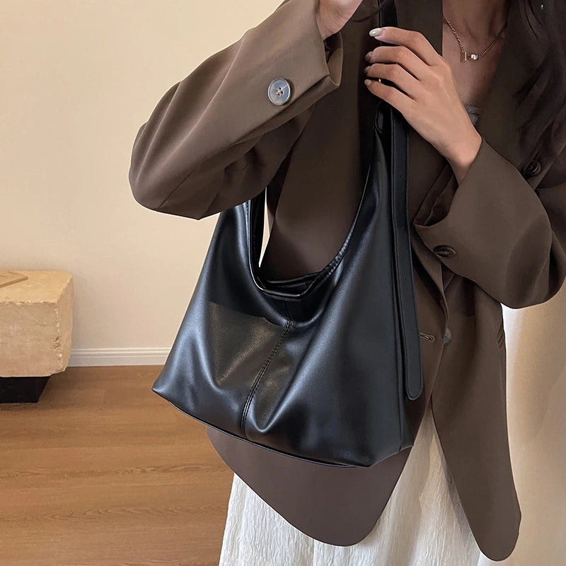 Women Hobo Bag Simple PU Leather Solid Shoulder Bag Fashion Large Capacity Tote Handbag Slouchy Underarm Bag