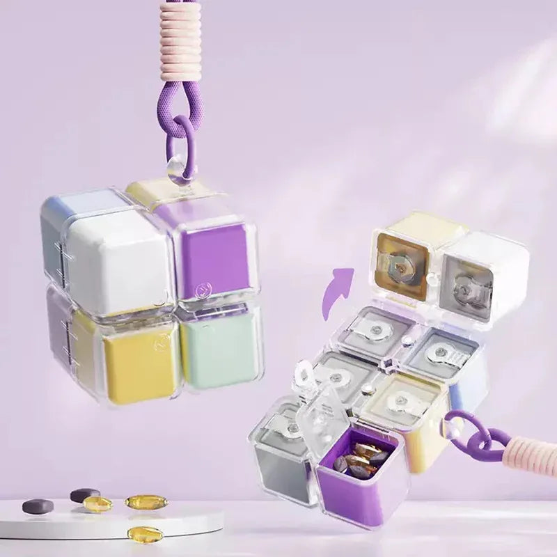 1PC Magic Cube 8-Grid Medicine Storage Box Sealed Moistureproof Travel Essential with Hanging Rope Creative Storage Solution
