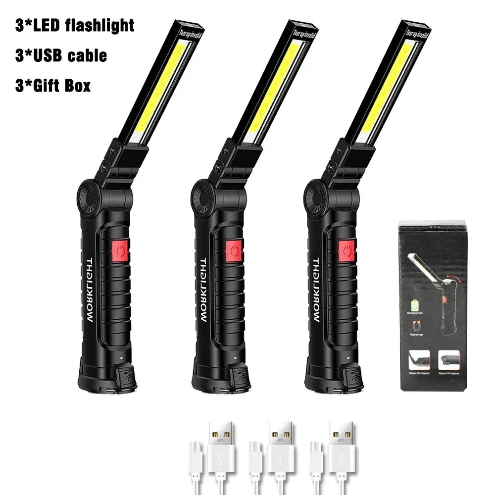 COB LED Work Light USB Rechargeable Magnetic Flashlight Super Bright Folding Lantern for Camping Emergency Car Repair with Hook