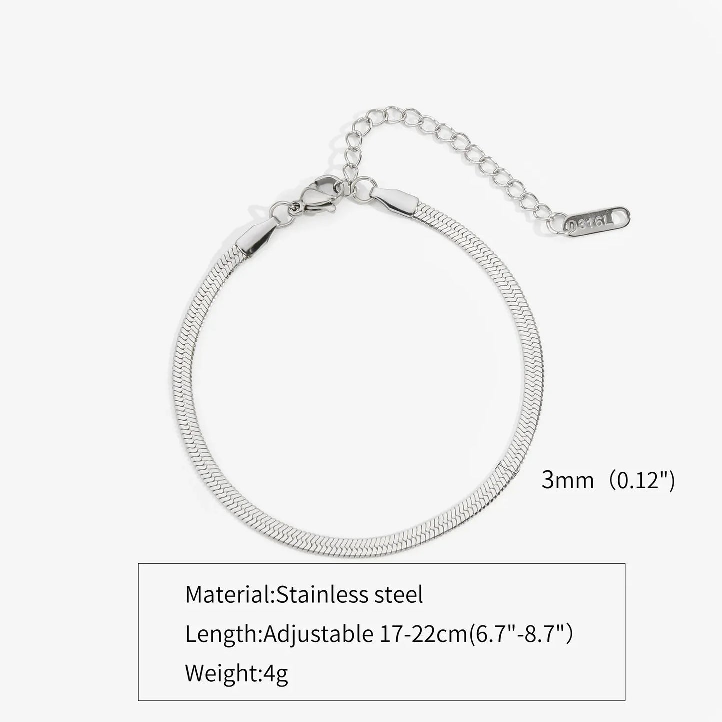 2-5MM Stainless Steel Snake Chain Bracelet - Gold Color Waterproof Bangle