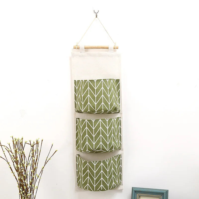1PC Three Pockets Hanging Wall Storage Bag Household Bedroom Living Room Kitchen Cotton Linen Storage Bag