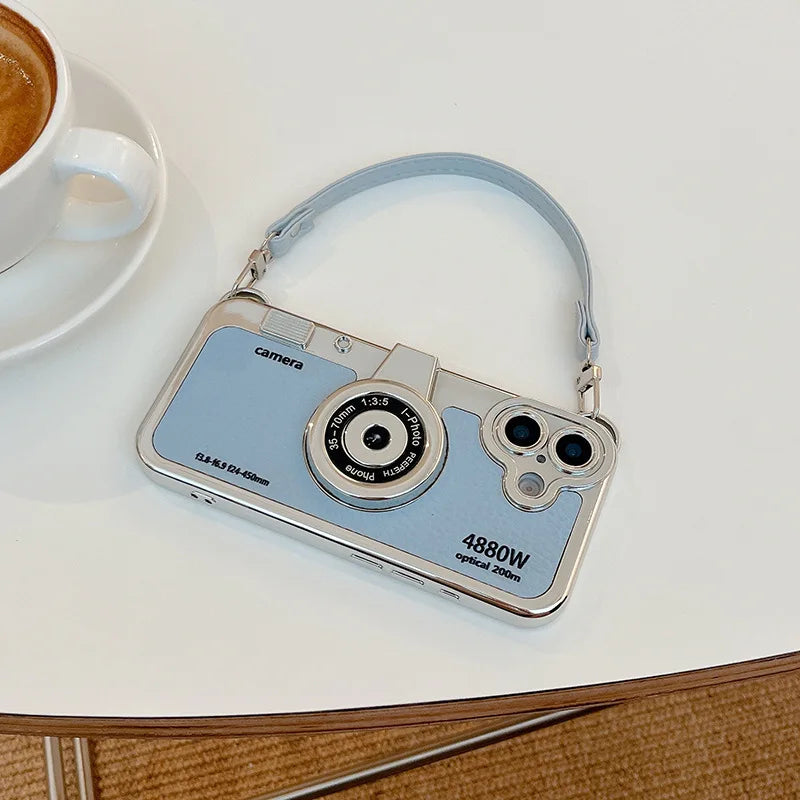 Fashionable Retro Camera Phone Case For iPhone 17 16 15 14 13 12 Pro Max Plus with Wrist Strap Protective Case