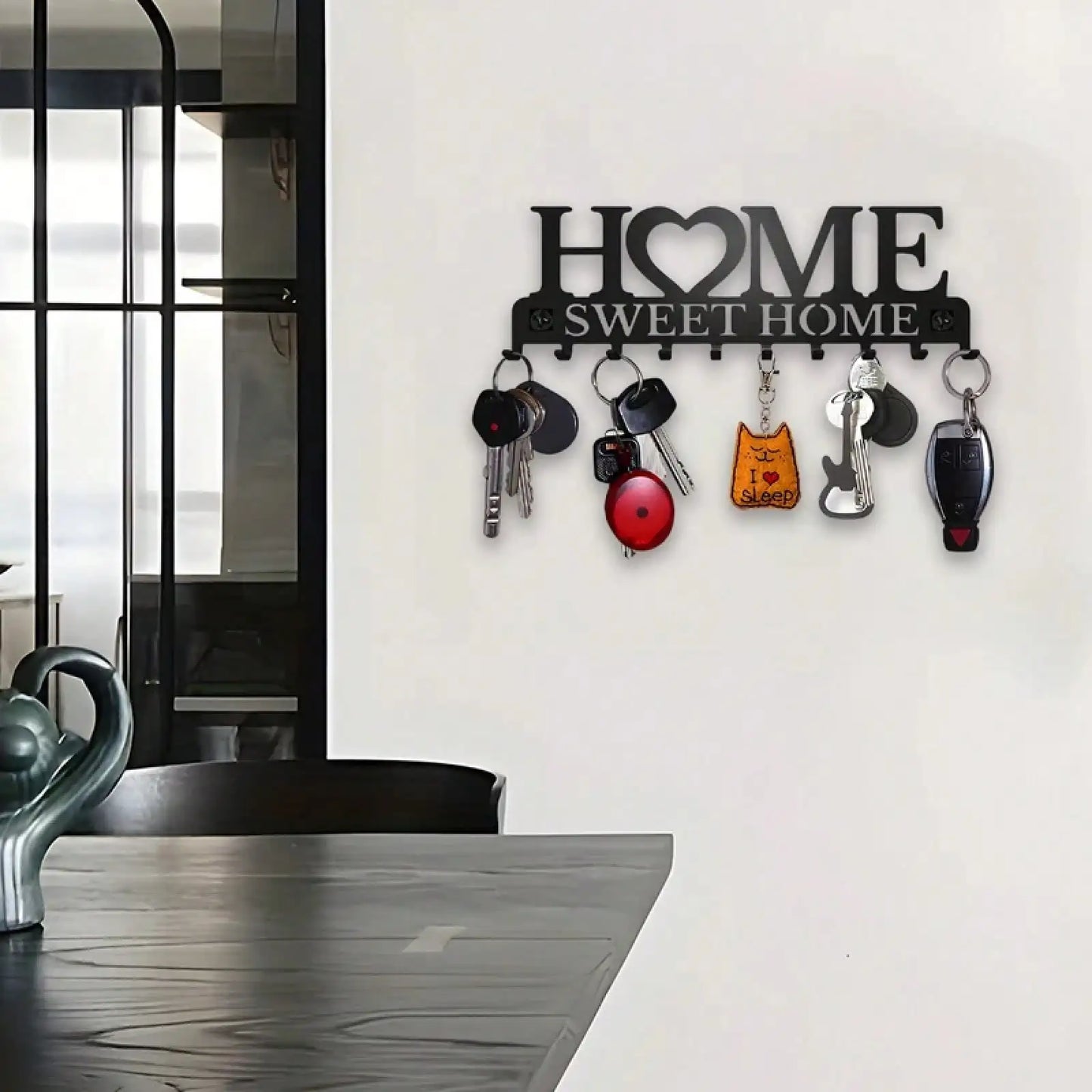 1Pc Black Metal Wall Mount Key Holder, Sweet Home Style Key Rack With 10 Hooks, Practical Key Hanger