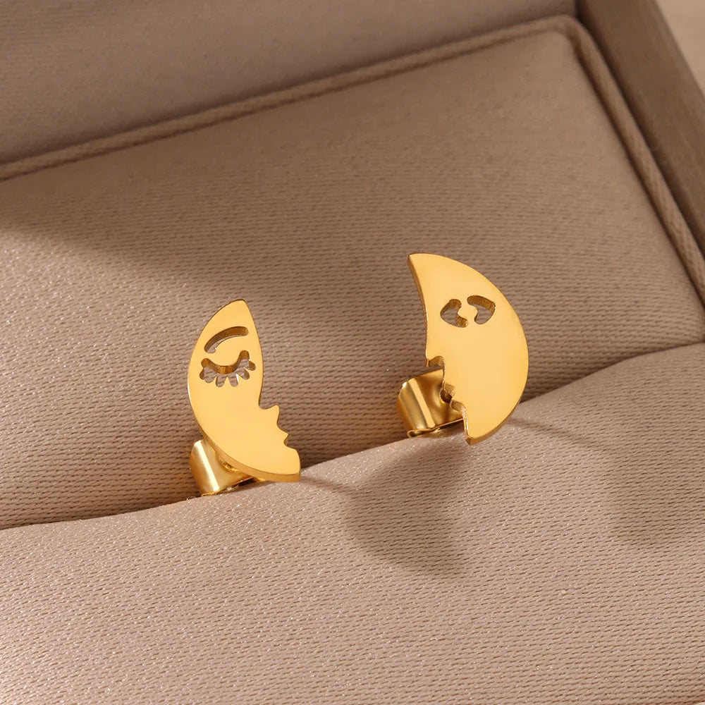 Gold Plated Stainless Steel Geometric Claw Earrings - Starfish & Heart Studs for Women, Waterproof Fashion Jewelry Gift