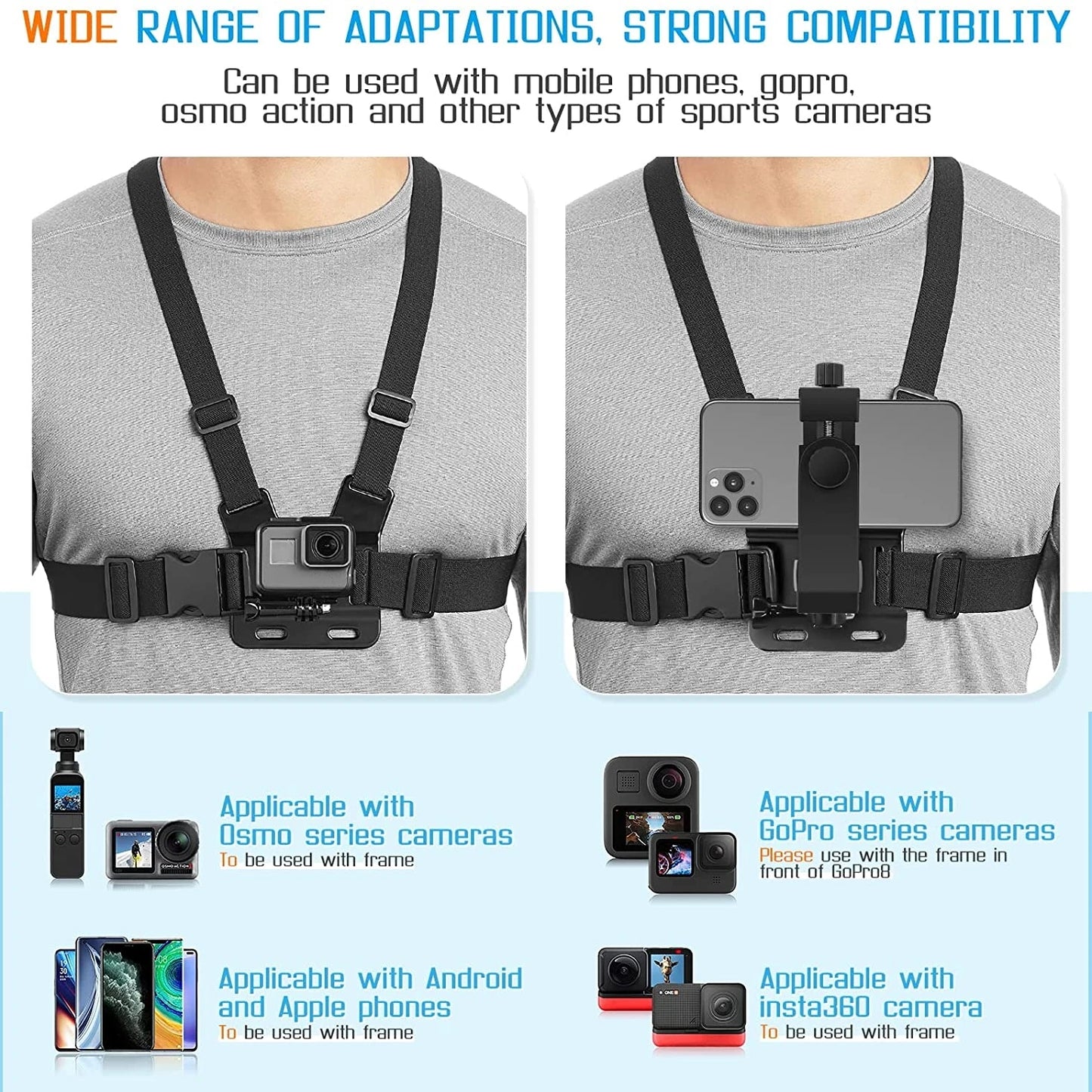 Phone Chest Strap Mount Belt for Iphone 14 Holder Mobile Smartphone for GoPro Hero 13 12 11 10 9 DJI Action Camera Live Shooting