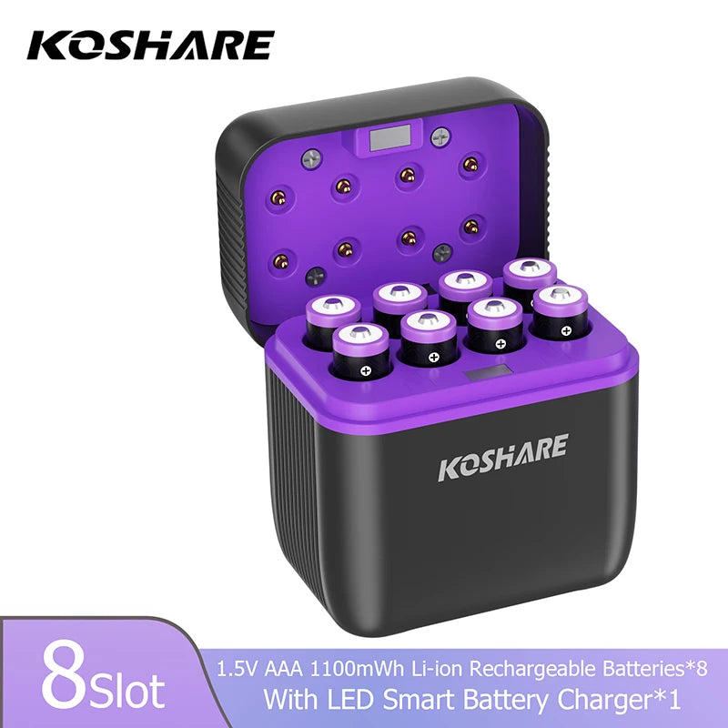 KOSHARE 1.5V AA 4255mWh AAA 1100mWh Rechargeable Lithium Battery Charger Set  With LED Indicator Arc-look Fast Charging Case