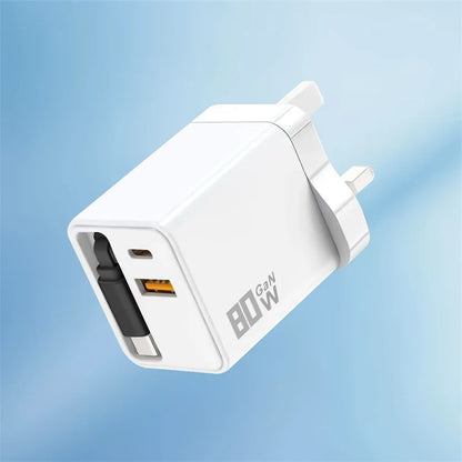 80W USB C Fast Charger with Retractable Type C Cable PD Charging for iPhone 17 16 15 Samsung Xiaomi iPad Phone Quick Charger