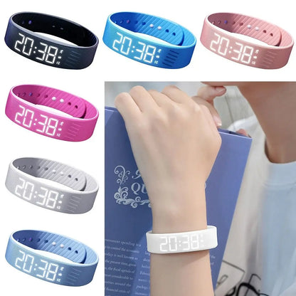 LED Digital Alarm Clock Watch Adjustable Silicone Snooze-proof Alarm Bracelet with Running Pedometer Waterproof Vibrating Alarm