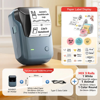Portable Niimbot B1 Wireless Label Maker Adhesive Sticker Printer Labeling Machine DIY 20-50mm Labels for Office Home