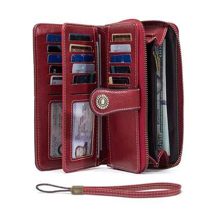 Unisex RFID Blocking Vintage Waxed Leather Long Wallet Large Capacity Zipper Clutch Multi Slots Card Coin Hand Purse