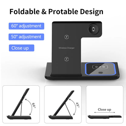 3 in 1 Wireless Charger Stand Pad Foldable Fast Charging Station Dock For iPhone 17 16 15 14 13 12 11 X 8 Apple Watch Airpods