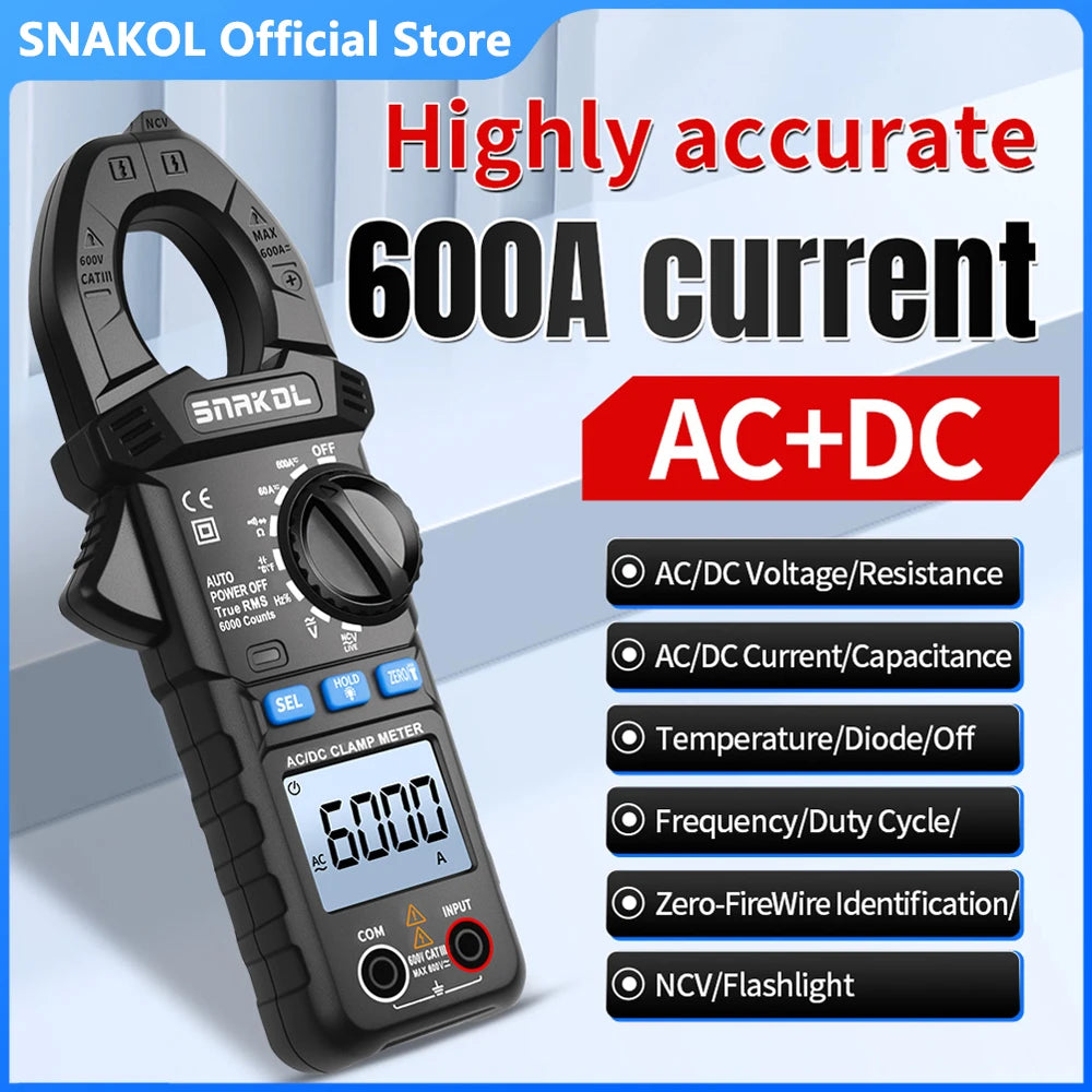SNAKOL AC DC Current Clamp Meter 600A Digital Ammeter Pliers True RMS Multimeter Professional Electrical Multitester Tool