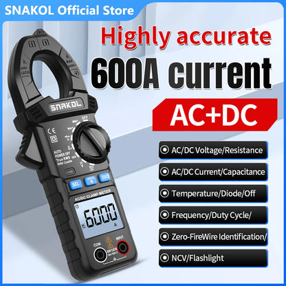 SNAKOL AC DC Current Clamp Meter 600A Digital Ammeter Pliers True RMS Multimeter Professional Electrical Multitester Tool