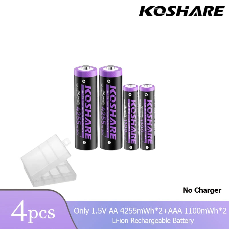 KOSHARE 1.5V AA 4255mWh AAA 1100mWh Rechargeable Lithium Battery Charger Set  With LED Indicator Arc-look Fast Charging Case