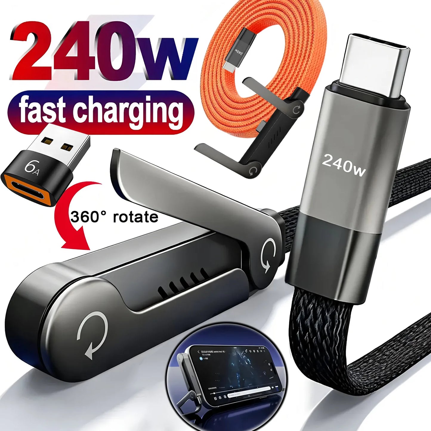 240W Super Fast Charging Data Cable 2-in-1 Folding Stand For IPhone 15-17 For Android Holder Charger Cable C To C, USB To C