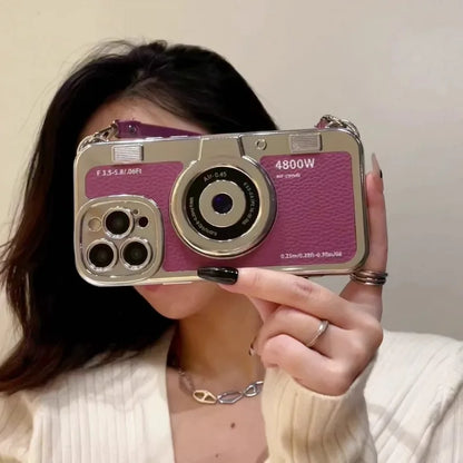Fashionable Retro Camera Phone Case For iPhone 17 16 15 14 13 12 Pro Max Plus with Wrist Strap Protective Case
