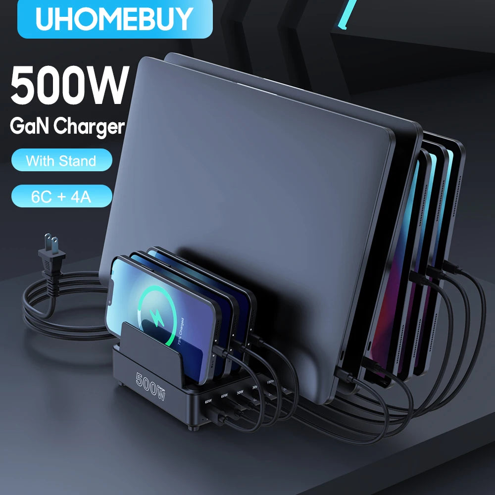 500W USB C Charger 10 Ports GaN Charging Station Stand PD 100W Fast Charge for MacBook Pro iPhone Samsung Laptops Tablets