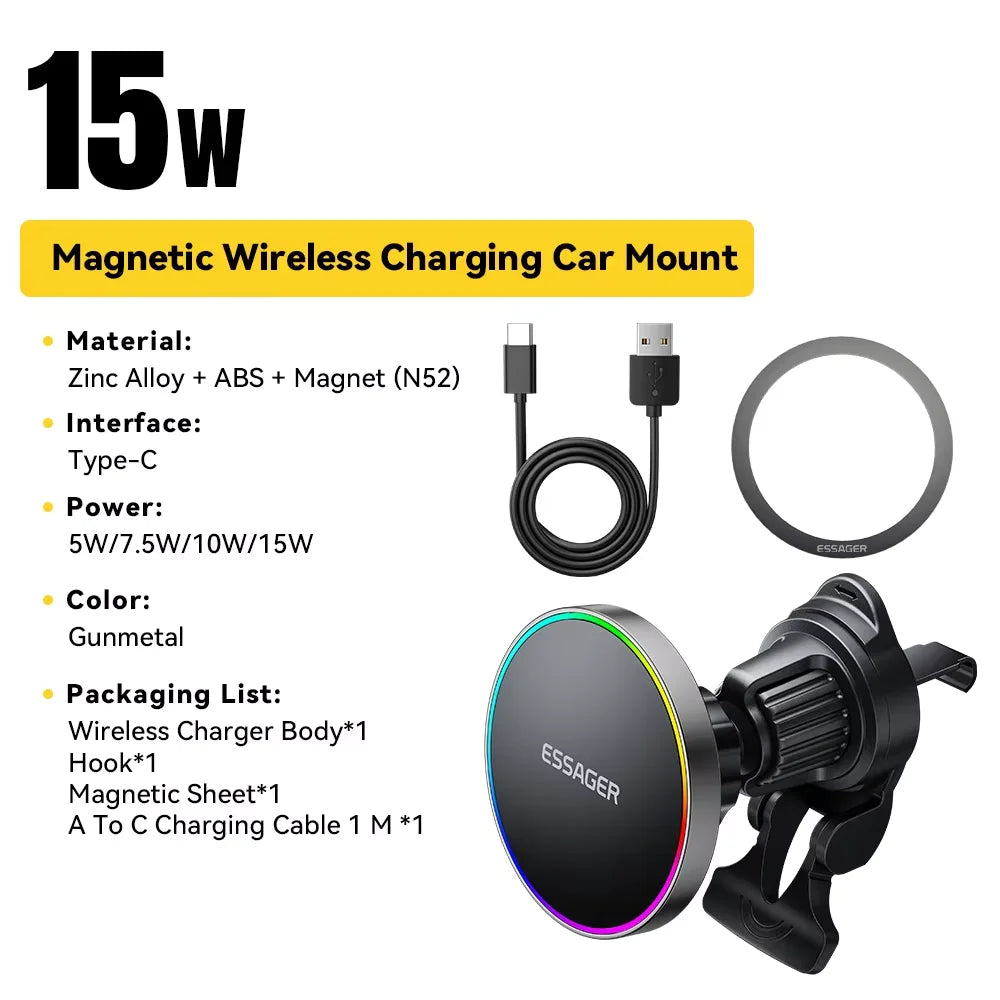 Essager 15W Magnetic Car Phone Holder Wireless Charger Stand For iPhone 16 15 14 13 Pro Max Charging for Magsafe Car Charger RGB