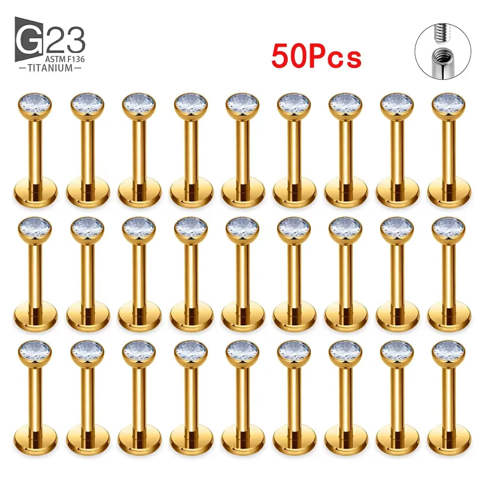 10Pc/50Pc G23 Titanium Labret Studs – Square CZ Stone Cartilage, Tragus, and Lip Piercing, Threaded Body Jewelry
