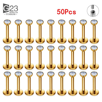 10Pc/50Pc G23 Titanium Labret Studs – Square CZ Stone Cartilage, Tragus, and Lip Piercing, Threaded Body Jewelry