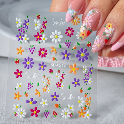 5D Pink Blue Floral Nail Art Stickers Petals Leaf Plant Embossed Nail Decals Spring Summer Flower Design for DIY Nail Supplies