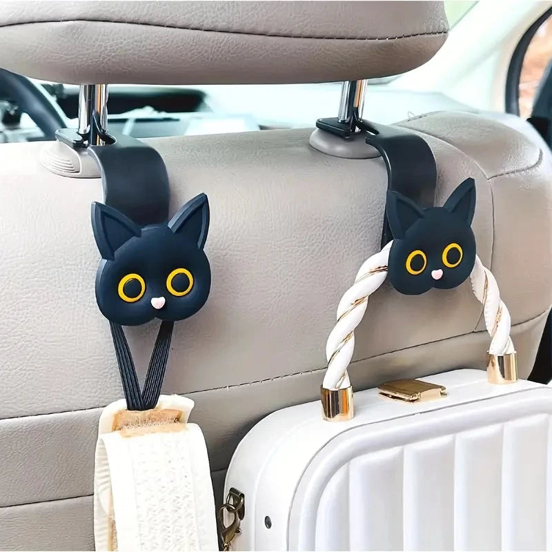 3D Cartoon Cat Car Headrest Hooks – Set of 2 for Bags and Coats