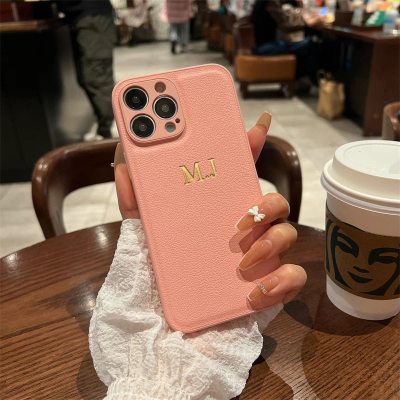 Personalised Customized Name Case For iPhone 17 16 15 14 13 12 11 Pro Max Initials Letters Leather Cover 13 15 16 17 Air Pro Max