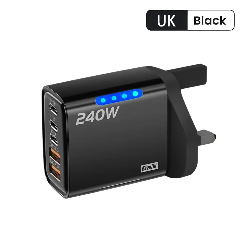 Multi-Port Fast Charger 240W 5 Ports USB C PD QC3.0 for iPhone Samsung Huawei Xiaomi Laptop Tablet Quick Charge Adapter