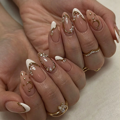 24pcs Romantic Y2k Star Press On Nails Gradient Blue French Style Gold Moon Designs Fake Nail Sweet Almond False Nails For Women