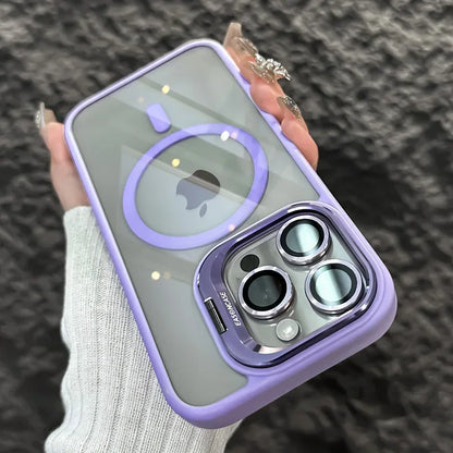 Luxury Magnetic Shockproof Phone Case For iPhone 16 15 14 13 12 11 Pro Max Plus Pro Funda Stand Glass Lens Protection Back Cover