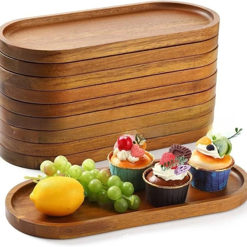 Wabi Sabi Style Acacia Wood Decorative Serving Platter Oval Natural Wood Tray for Home Tabletop Decoration Small Organizer