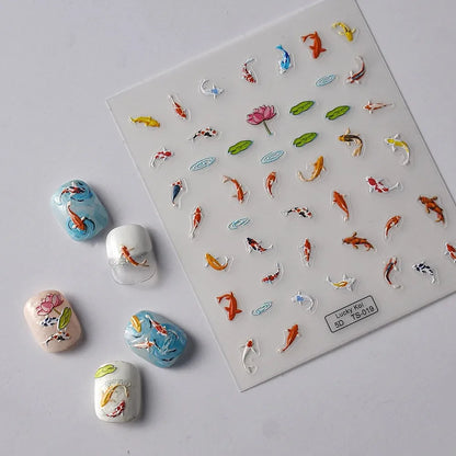 5D Koi Carp Nail Sticker Green Lotus Kawaii Red Carp Nail Slider for Manicure Relief DIY Acrylic Nails Fish Accessories Decal