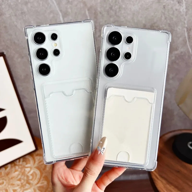 Luxury Soft Transparent Card Holder Bag Phone Case For Samsung Galaxy S25 S24 S23 S22 S21 S20 FE Note 20 Ultra Shockproof Cover