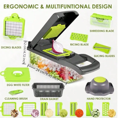 16-In-1 Vegetable Chopper With 8 Blades, Container, Shredder And Strainer, Vegetable Slicing, Dicing, Shredding, Cubing, Multi-Purpose, Great Home Kitchen Gifts