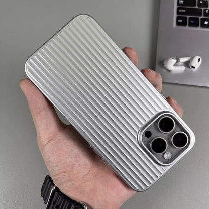Natural Titanium Grating Stripe Pattern Phone Case for iPhone 16 14 15 13 Pro Max Plus Metal Button Shockproof Hard Armor Cover